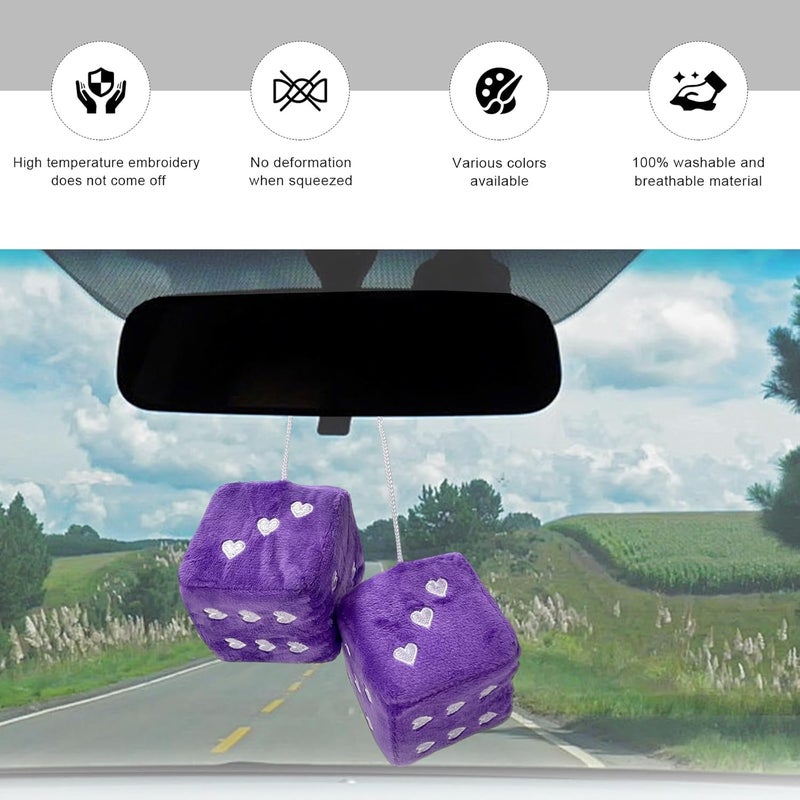 ZNDAW 2 PCS Fuzzy Plush Dice for Car Mirror, 2.75" Retro Square Heart Shape Car Rearview Mirror Cute Decor, Fluffy Dice Vehicle Hanging Ornament Decoration Interior for Women (Purple) - Image 4